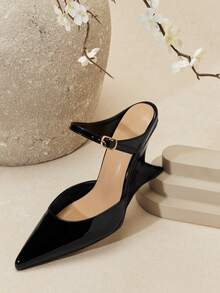 SHUZIA 女士优雅舒适踝带套脚坡跟鞋 - 黑色 - 查看 3