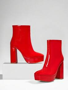 SHUZIA Giày nữ Giày bốt cổ điển có khóa kéo bên trong Mũi vuông Đế vuông Đế vuông Giày bốt đế vuông Giày bốt màu đỏ bóng - Đỏ - Xem 6