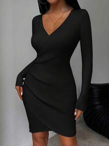 EMERY ROSE V-Neck Fitted Casual Versatile Long Sleeve Sweater Dress - Black - View 5