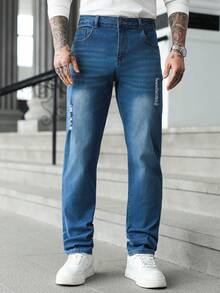Manfinity Homme Men's Pocket Distressed Straight Loose Casual Versatile Jeans - Blue - View 4
