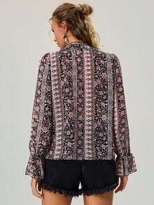 Freevana Áo kiểu nữ cổ điển dáng suông họa tiết hoa nhí xếp nếp, phong cách boho mùa thu, họa tiết paisley đồng quê, lãng mạn miền Tây. - Nhiều màu - Xem 3