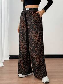 SHEIN Tall 女士豹纹编织腰带拼接阔腿街头裤 - 咖啡棕 - 查看 4