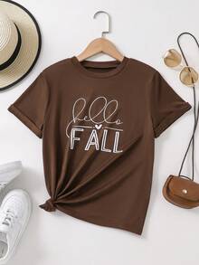 青少年女孩趣味鬼魂印花休闲 T 恤，适合万圣节、秋季上衣 - 咖啡棕 - 查看 1