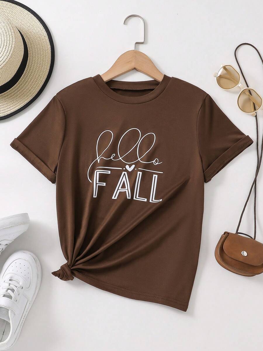 青少年女孩趣味鬼魂印花休闲 T 恤，适合万圣节、秋季上衣 - 咖啡棕 - 查看 1