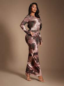 Radiana 女士休闲优雅棕色扎染图案修身连衣裙，长袖，舒适休闲，适合居家、日常穿着、约会、通勤，面料柔软有弹性，基础款连衣裙 - 彩色 - 查看 5