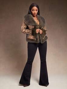 Radiana 复古卡其色PU拼接毛领修身夹克，秋冬季复古时尚短款PU外套 - 卡其色 - 查看 4