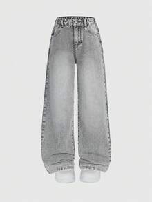 Sparklyn 少女浅灰色带口袋宽松阔腿牛仔裤，适合日常休闲穿着 - 淺灰色 - 查看 5