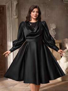 Aureia Plus Size Elegant Romantic Black Ruffle Collar Puff Sleeve A-Line Dress, Suitable For Wedding, Party, Celebration, Formal Evening Gown