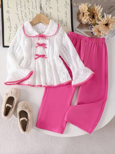 SHEIN Set de 2 piezas: Blusa holgada de manga acampanada blanca con decoración de lazo negro y pantalón casual negro cómodo