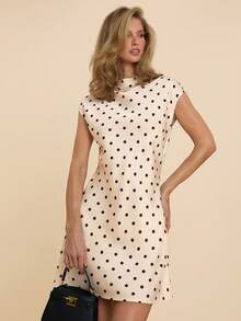 COSMINA 女士优雅缎面波点迷你连衣裙，适合约会、通勤和所有季节穿着。 - 黑與白 - 查看 6