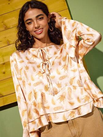 Felipe Marques 여성 캐슈 플라워 프린트 긴소매 러플 타이 V넥 섹시 블라우스, 캐주얼 파티 홀리데이 웨어, 가을/겨울