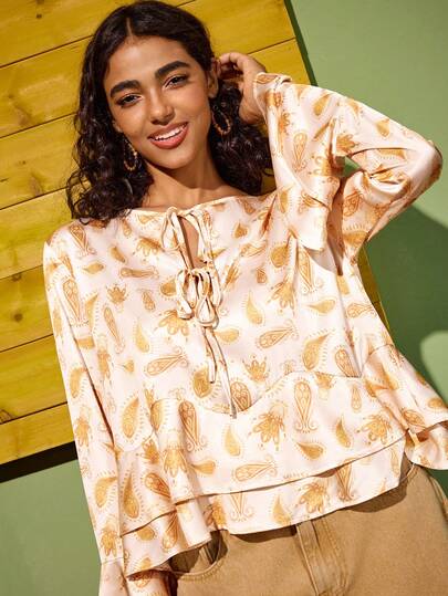 Felipe Marques Áo cánh tay dài cổ chữ V in hoa hạt điều gợi cảm cho nữ, trang phục dự tiệc thường ngày, mùa thu/đông