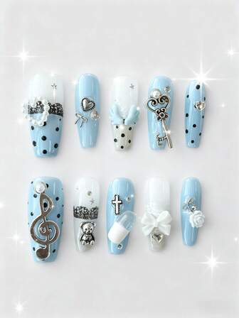 Kawaii 10pcs Cute Wing, Music Note, Star Lace Edged Polka Dot Handpainted High-Quality False Nails + 3pcs Double-Sided Adhesive, Removable & Reusable Coffin Shaped Fake Nails, Bowknot Element Nail Stickers, Suitable For Holidays, Parties, Dancing And Daily Wear