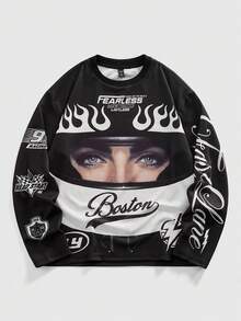 ROMWE MEN Street Life Men's Digital Character & Motorcycle Graphic Long Sleeve T-Shirt And Pants Set - Black and White - View 11
