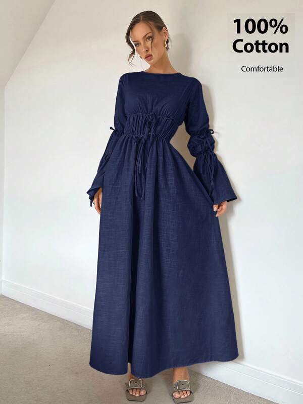 Siren Gaze Autumn New Pleated Drawstring Extra Long Flare Sleeve A-Line Dress, Natural Color, Comfortable Loose Casual Autumn/Winter Long Dress For Women Blue