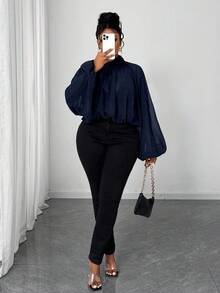 Maweii Áo cánh tay đèn lồng cổ cao màu trơn cỡ lớn thanh lịch cho nữ - Màu xanh hải quân - Xem 3