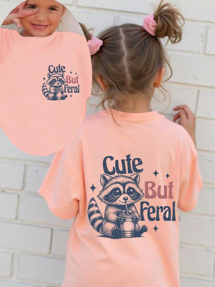 SHEIN Girls Casual Cute Raccoon Lettering Graphic Short Sleeve Round Neck T-Shirt With "CUTE BUT FERAL" Text, Summer Summer Holiday - Pink - View 1