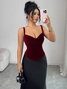 SHEIN Elenzya 女士奢华复古优雅酒红色天鹅绒吊带深V领高腰修身短款吊带背心，适合日常穿着、婚礼、正式派对、通勤、毕业派对、假日、约会、聚会、万圣节、圣诞节、新年、感恩节等场合。 - 酒紅色 - 查看 4