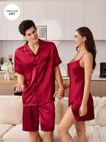 CoupledUp 1 Set Piyama Pria Lengan Pendek Kerah Warna Polos dengan Saku dan Dasi Kupu-kupu Imitasi dari Sutra - Burgundy - View 3