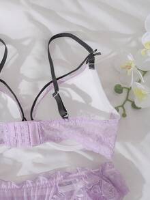 DelicateAllure Set de 2 sujetadores con aros y relleno, push up, con bloqueo de color, parches de encaje, volantes, encaje floral, lindo y fresco conjunto de lencería cómoda tipo balconette para mujeres - Púrpura malva - Ver 9