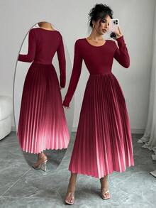 Elenzga 渐变色优雅连衣裙，饰有镂空褶皱设计，性感女士长款连衣裙套装 - 酒紅色 - 查看 1