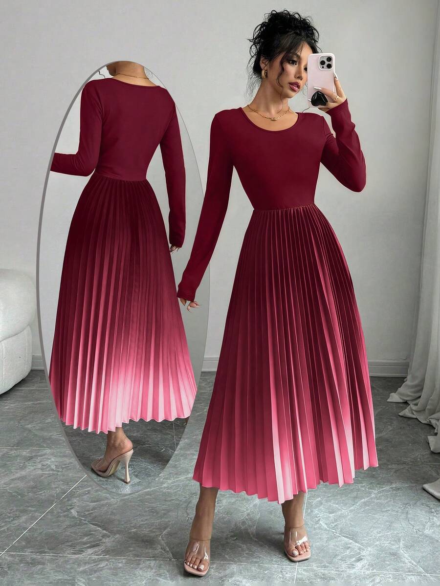 Elenzga 渐变色优雅连衣裙，饰有镂空褶皱设计，性感女士长款连衣裙套装 - 酒紅色 - 查看 1