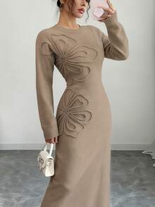 Selianne Đầm dệt kim ôm dáng cổ tròn tay dài họa tiết hoa trơn màu dành cho nữ, mùa thu/đông - Màu Khaki - Xem 6