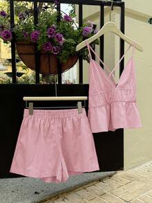 Comfortcana Bộ đồ thường ngày áo hai dây dệt màu đỏ và quần short cho nữ - Đỏ và trắng - Xem 6