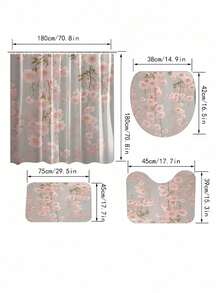 1/4件套粉色花朵主题浴室帘套装，包含浴室地垫、U型马桶垫、马桶盖垫、防水浴帘、时尚门帘、遮阳帘、现代风格浴室隔断帘，无需钻孔，涤纶材质，可机洗 - 彩色 - 查看 13