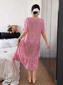 SHEIN Women's Romantic & Fresh Star & Heart Print Loose Knit Ruffle Hem Long Nightgown - Pink - View 2