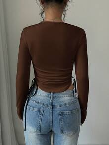 Selianne 女士休闲长袖T恤，侧边抽绳设计，春季女式上衣 - 棕色 - 查看 2