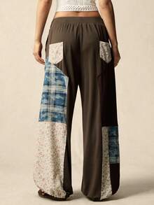 SoleilVie 女士复古拼接束口阔腿裤：小众设计，采用做旧格子和花卉印花，多色拼接工艺，中腰抽绳束口，宽松显瘦的休闲长裤 - 彩色 - 查看 2