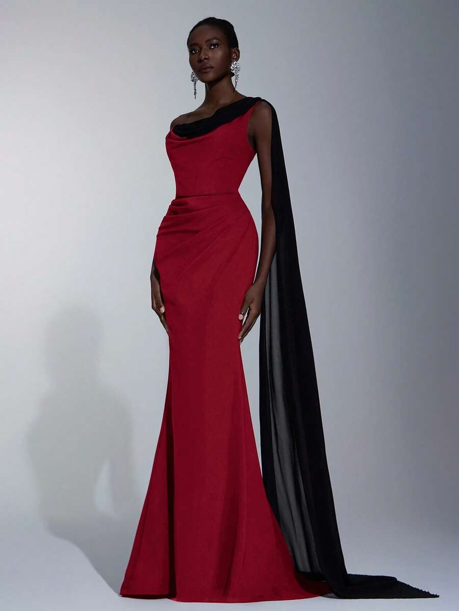 Elitara Elegante y lujoso vestido maxi con cola, de punto elástico en color café oscuro combinado con gasa plisada negra, con hombro asimétrico, manga abullonada y abertura sexy, para eventos formales de mujer - Burdeos - Ver 1
