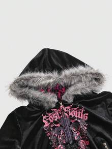 ROMWE Grunge Punk 可爱豹纹水钻拼接毛绒连帽衫和喇叭裤套装 - 黑色 - 查看 3