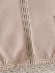 SHEIN Young Girl Zip-Up Drawstring Long Sleeve Warm Fleece Fashionable Casual Stand Collar Sweatshirt Jacket Khaki Zip Up In Fall/Winter Zip Up Top Khaki Top Sweatshirt Plain Color Zip Up Sweatshirt Chic Beige Cropped Sweatshirt Jacket With Full Zip And Stand Collar Ideal For Casual Fall Spring - Khaki - View 12