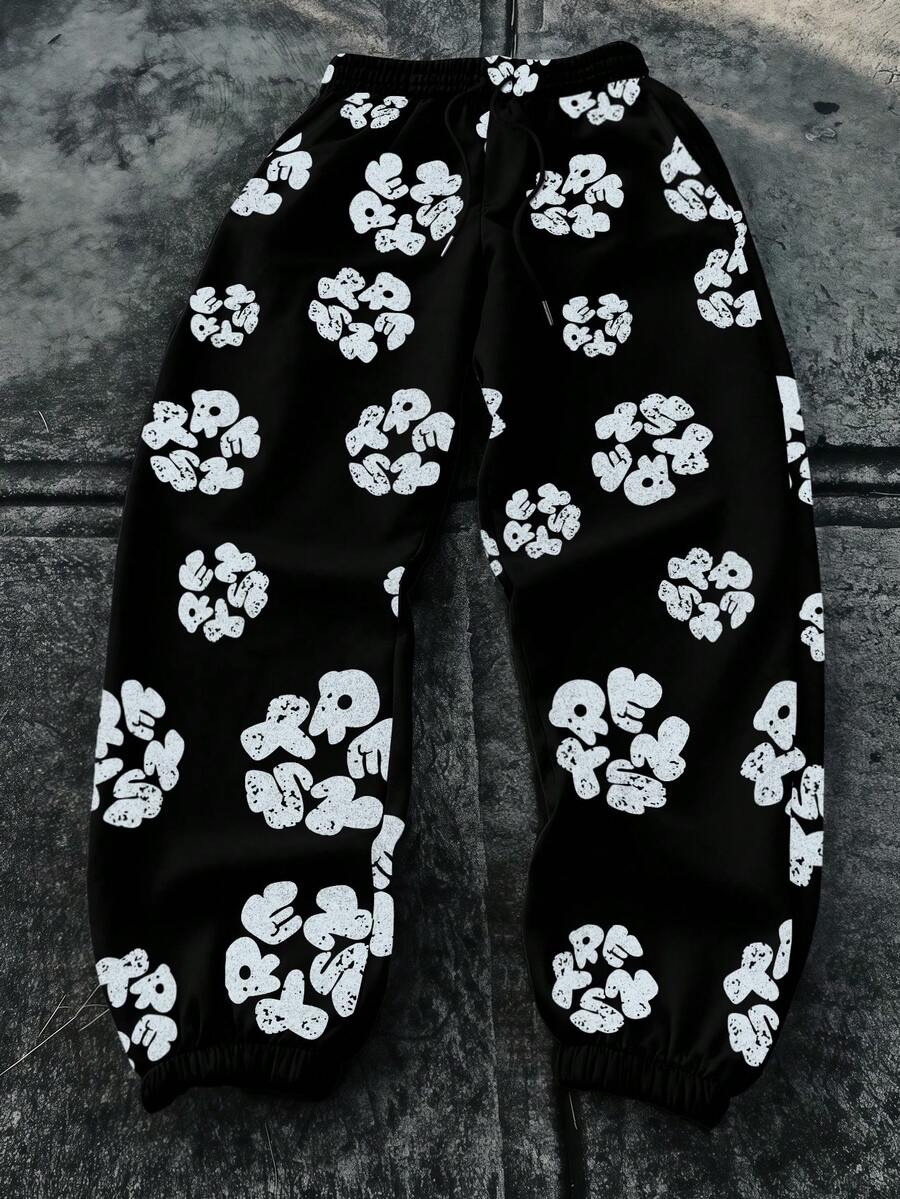 Glimmora Pantalones casuales sueltos con cintura elástica y cordón, estampado total para hombres - Multicolor - Ver 1