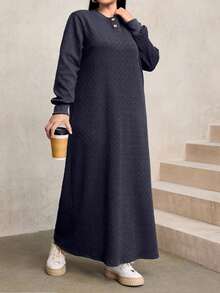Modelyn Women's Casual Loose Textured Fabric Round Neck Long Dress, Navy Blue, Autumn/Winter - Dark Grey - View 7