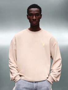 PLAYBOY X SUMWON Sweat-shirt-shirt oversize à manches longues avec imprimé pleine surface au dos et petit logo poitrine pour hommes, streetwear casual - Kaki - Voir 2