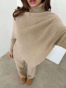 Aloruh 女士纯色高领蝙蝠袖不对称下摆毛衣和针织裤休闲两件套，秋冬款 - 黃色 - 查看 2