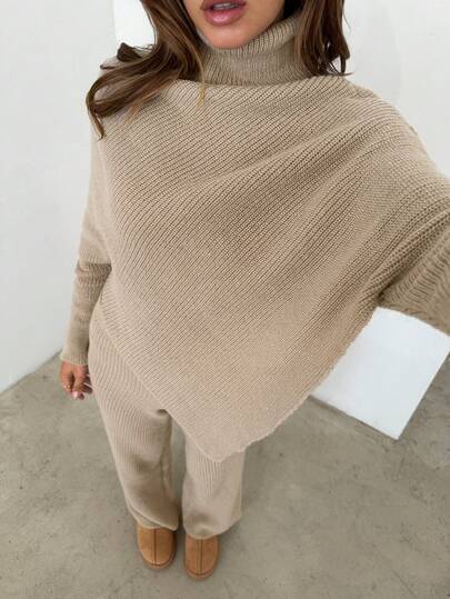 Aloruh Women's Solid Color Turtleneck Batwing Sleeve Asymmetric Hem Sweater And Knit Pants Casual 2-Piece Set, Autumn/Winter