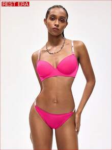 Rest Era 2件装钢圈模杯3/4罩杯提拉文胸套装，撞色字母弹力运动甜美可爱舒适半罩杯文胸，女士 - 玫紅色 - 查看 4