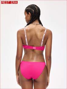 Rest Era 2件装钢圈模杯3/4罩杯提拉文胸套装，撞色字母弹力运动甜美可爱舒适半罩杯文胸，女士 - 玫紅色 - 查看 2