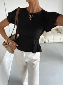 Siren Gaze Women's Solid Color Short Sleeve Shirt, Fashionable For Summer Black Casual - Black - View 2