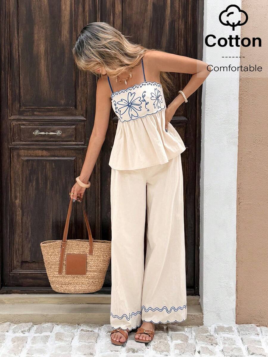 Serisse 2pcs Women's Vacation Casual Floral Embroidery Camisole And Pants Set Summer Blue Holiday Resort - Navy Blue - View 1