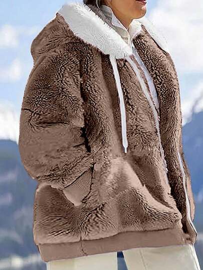 INAWLY New Loose Plush Zip-Up Hooded Plus Size Jacket For Women, Autumn/Winter Fall