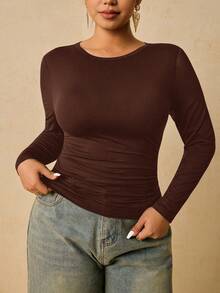 Travachic 加大码女式黑色长袖圆领保暖内衣，腰部褶皱收腹T恤 - 棕色 - 查看 1
