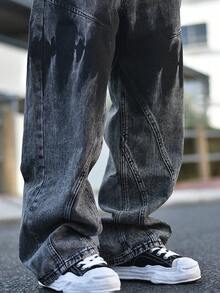 Devon Thys 1 件正义兄弟美式拼布男士破洞牛仔裤，街头风格个性化宽腿宽松长裤 - 灰色 - 查看 4