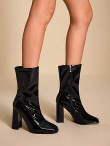 CUCCOO SZL 女士时尚百搭通勤粗跟中筒靴 - 黑色 - 查看 8