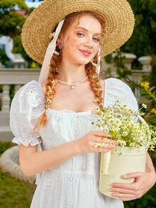 SHEIN MOD Women's Embroidery Puff Sleeve Tie Front Dress