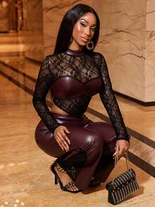 SHEIN LUNE Bộ đồ 2 món áo ren ôm sát cổ tròn tay dài chất liệu da PU và ren tương phản cho nữ, quần bó sát gợi cảm chất liệu da và ren tương phản, thu/đông - Nhiều màu - Xem 6